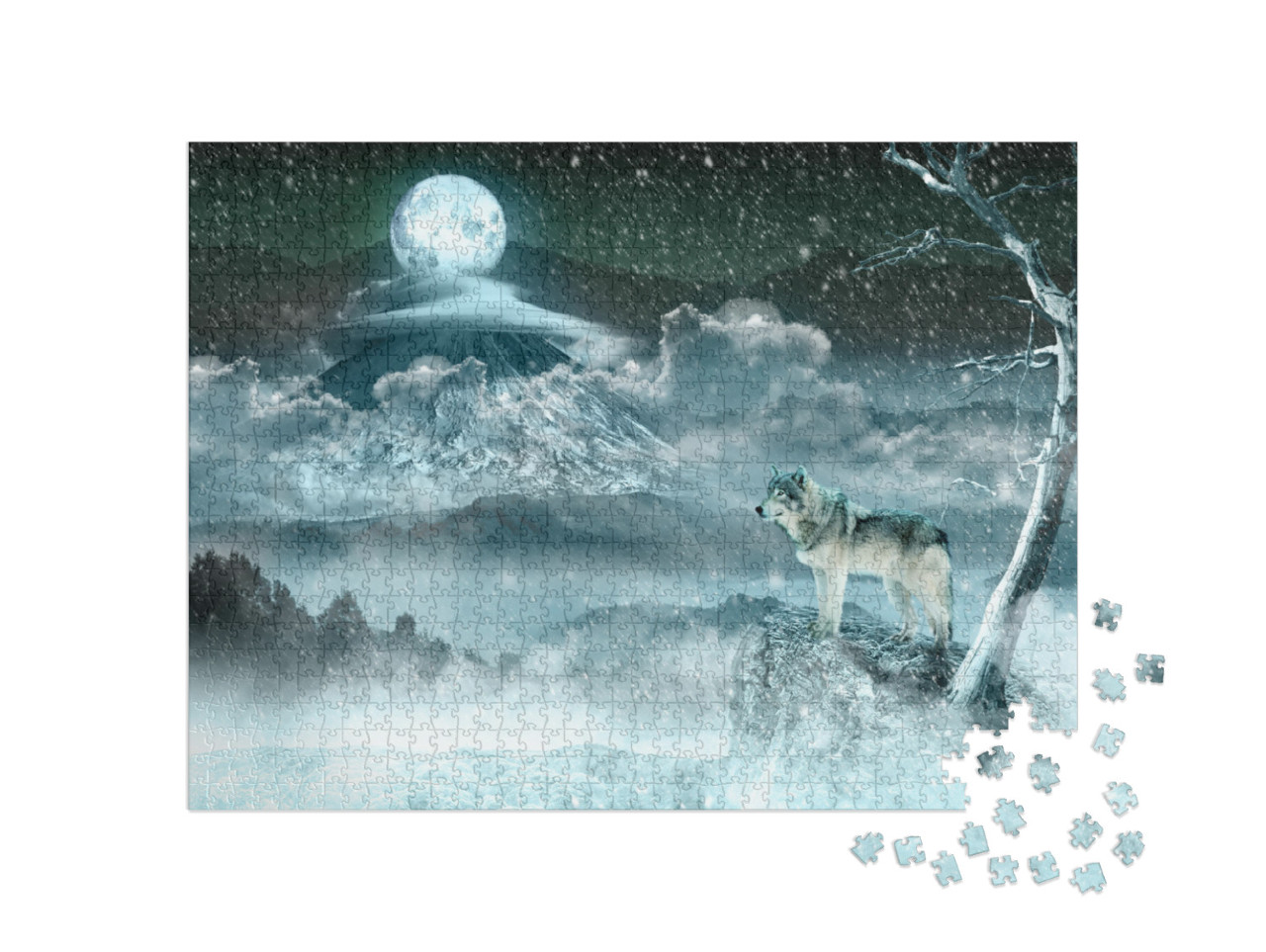 Puzzle 1000 Teile „Mondwolf in weißer Winterlandschaft“