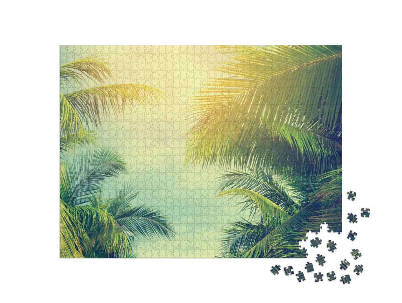 Puzzle 1000 Teile „Blick nach oben: Palmen unter blauem Himmel, vintage-getönt“