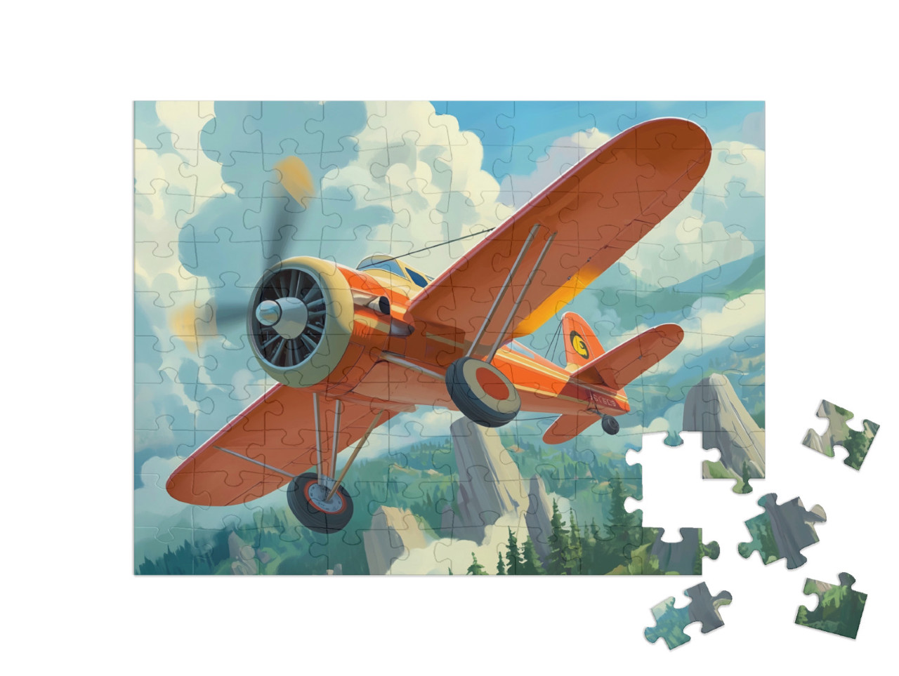 Puzzle 100 Teile „Mit dem Motorflieger über die Wälder“