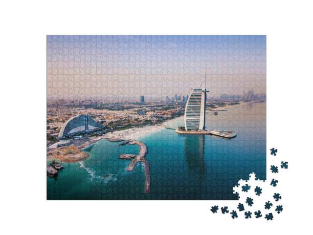 Puzzle 1000 Teile „Das Luxushotel Burj Al Arab und die Skyline des Hafens von Dubai“