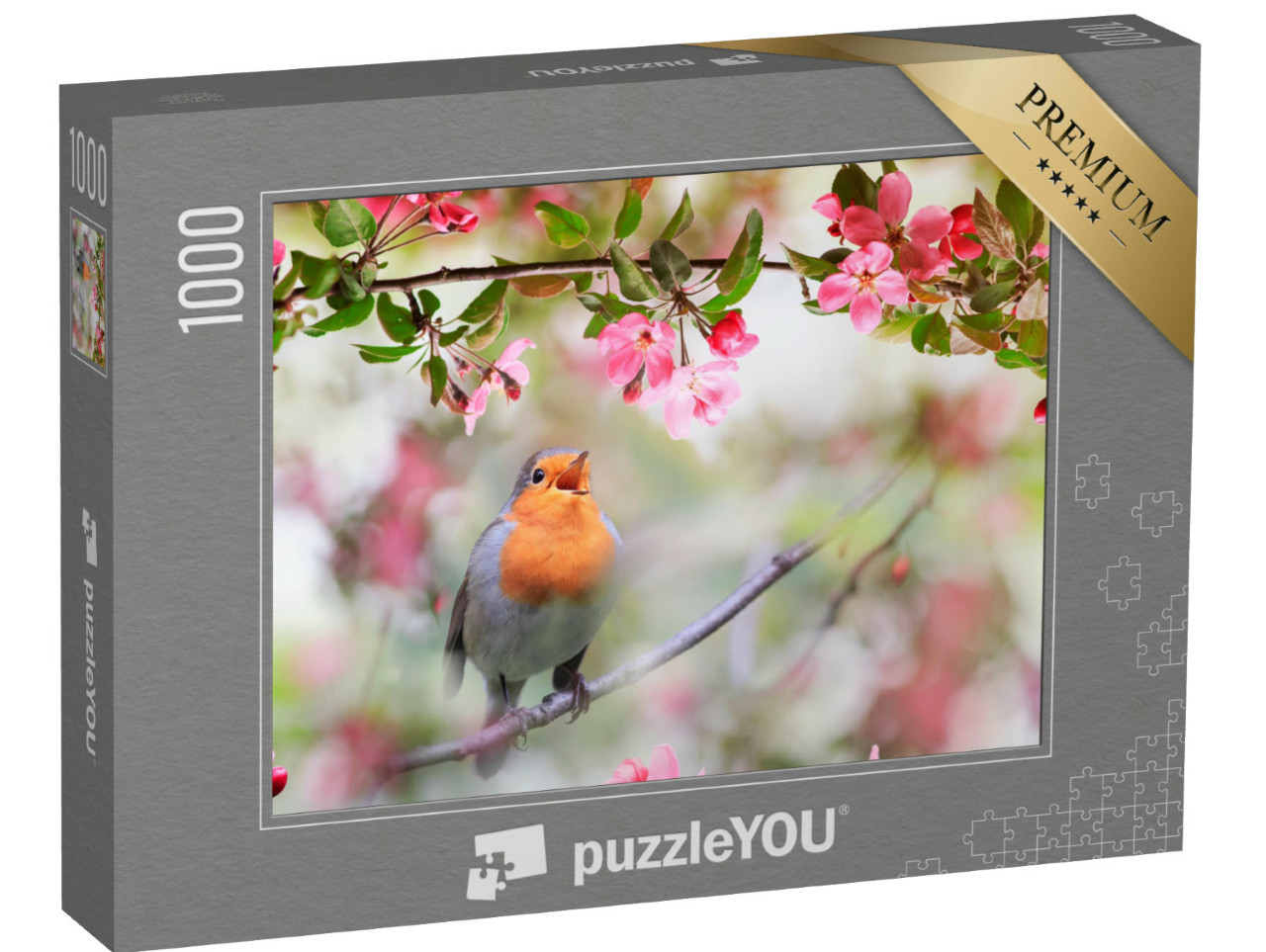 Puzzle 1000 Teile „Rotkehlchen zwischen den Blüten eines Apfelbaums“