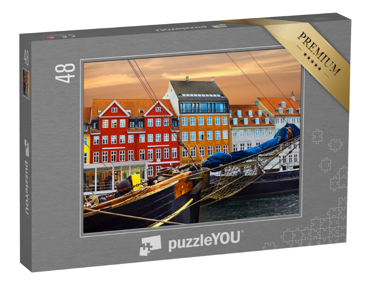 Puzzle 48 Teile „Yachten und farbige Häuser an der Strandpromenade in Nyhavn“