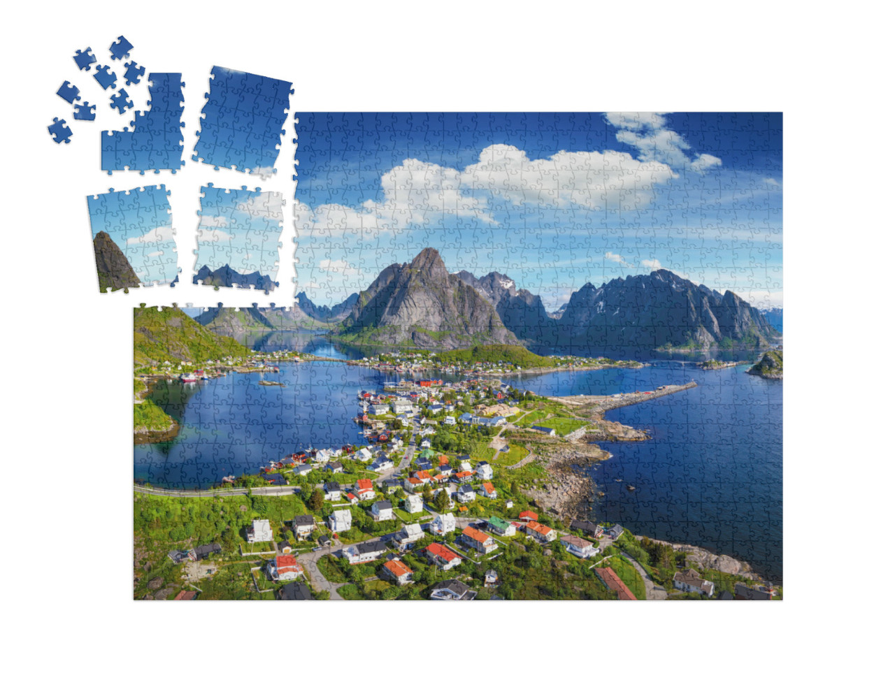 Puzzle „Dorf Reine unter einem sonnigen, blauen Himmel, Lofoten, Norwegen“ | SMART SORTED® 1000 Teile