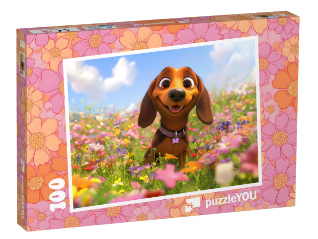 Puzzle 100 Teile „Dackel Waldi frohlockt durch die Blumenfelder“