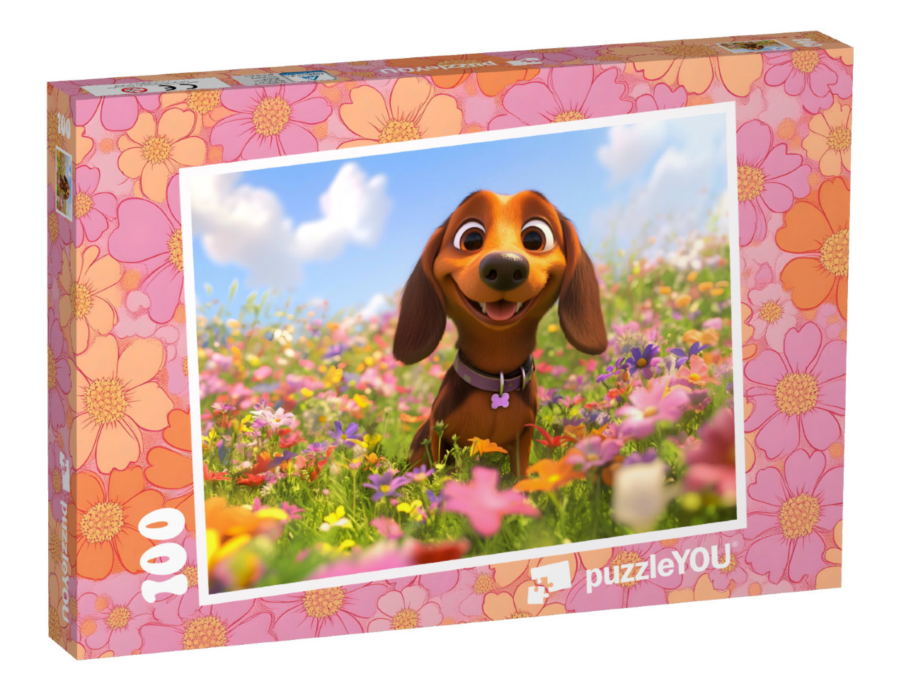 Puzzle 100 Teile „Dackel Waldi frohlockt durch die Blumenfelder“