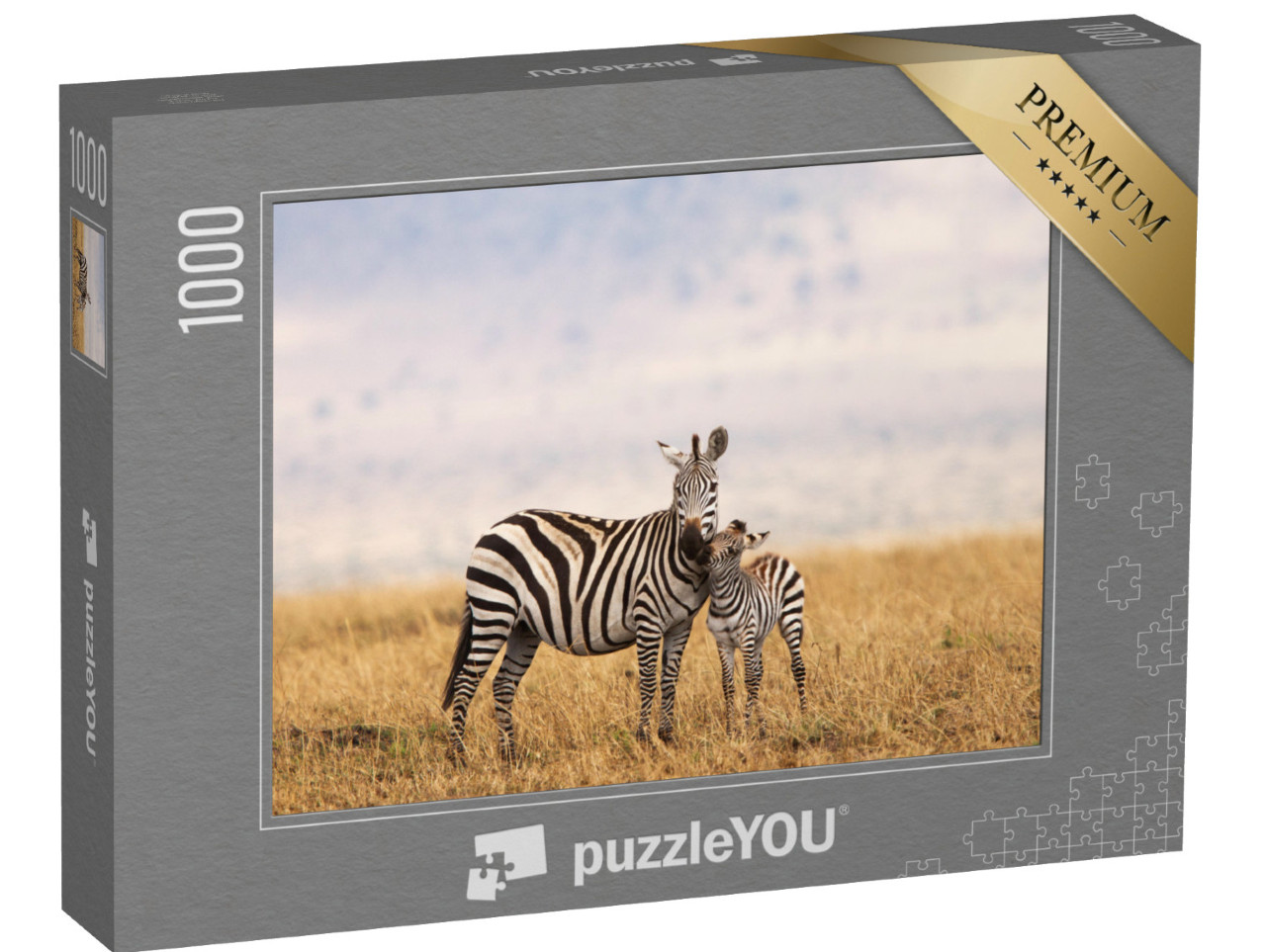 Puzzle 1000 Teile „Burchell- oder Steppenzebra in Tansania: Mutter mit Jungtier“