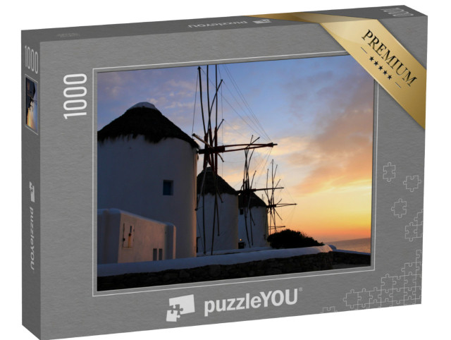 Puzzle 1000 Teile „Mykonos: Windmühlen bei Sonnenuntergang, Griechenland“