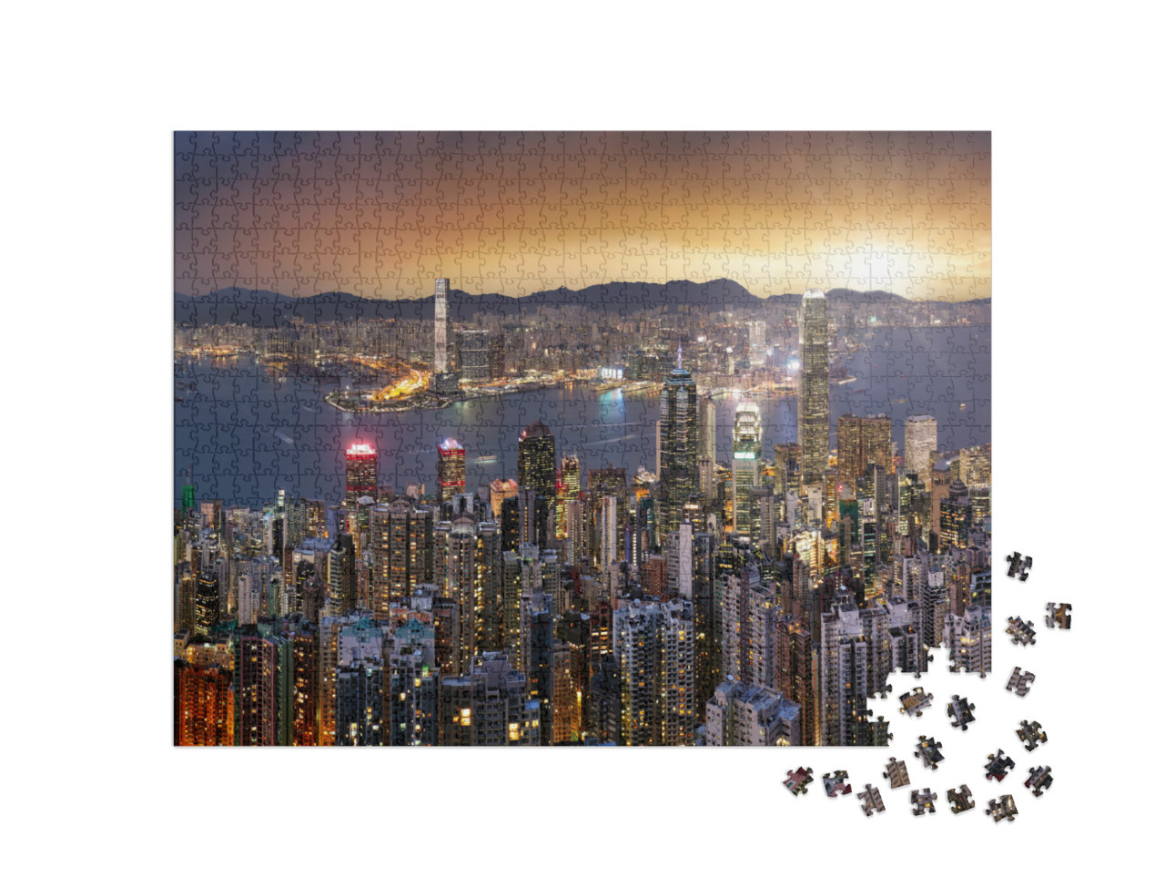 Puzzle 1000 Teile „Panorama der Skyline von Hongkong im Sonnenuntergang“