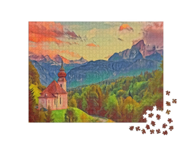 Puzzle 1000 Teile „im Kunst-Stil von Franz Marc - Watzmann mit Kirche Maria Gern - Puzzle-Kollektion Künstler & Gemälde“