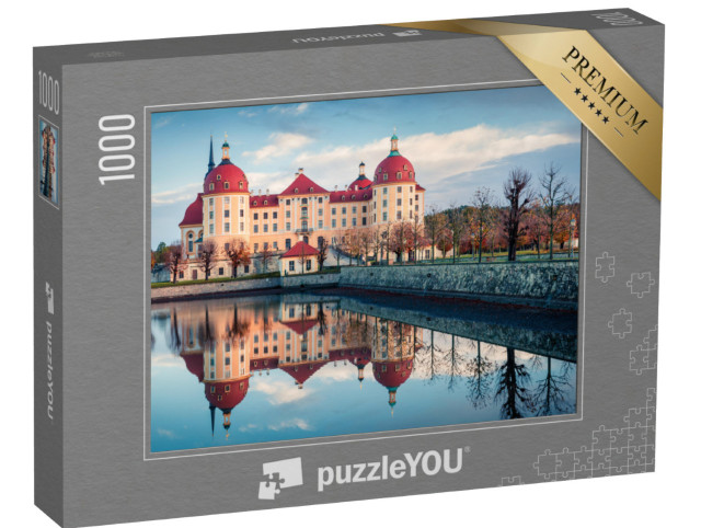 Puzzle 1000 Teile „Prächtige Morgenansicht des Barockschlosses Moritzburg, umgeben von einem See“
