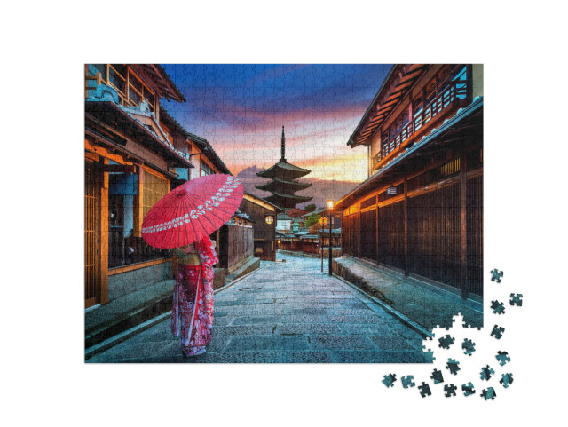 Puzzle 1000 Teile „Dame im traditionellen japanischen Kimono an der Yasaka-Pagode, Kyoto, Japan“