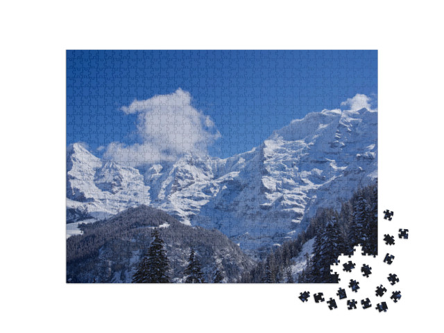 Puzzle 1000 Teile „Panorama der Berner Alpen mit den Berggipfeln Eiger, Mönch und Jungfrau, Schweiz“