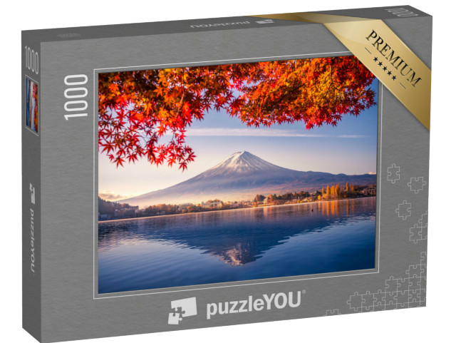 Puzzle 1000 Teile „Herbstmorgen am Berg Fuji mit roten Blättern am Kawaguchiko-See, Japan“