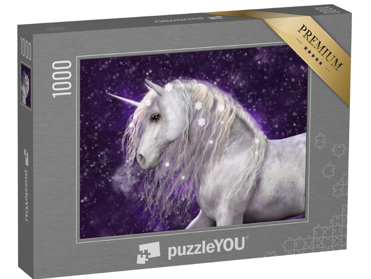 Puzzle 1000 Teile „Ein wunderschönes weißes Einhorn mit silberner Mähne mit Schnee, Illustration“