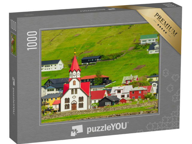Puzzle 1000 Teile „Kirche mit rotem Dach in Sandavagur, Färöer Inseln“