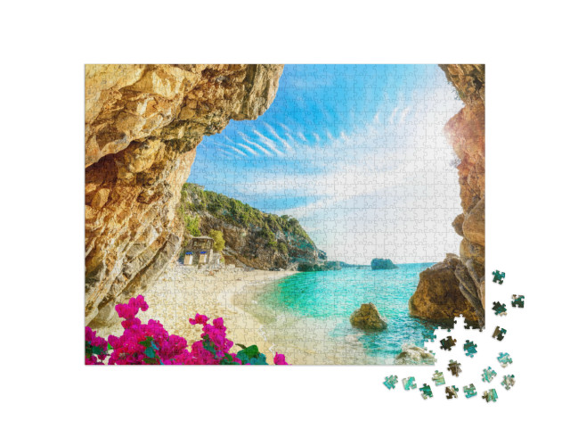 Puzzle 1000 Teile „Schöner Blick über das Meer und den Strand von Korfu, Griechenland“