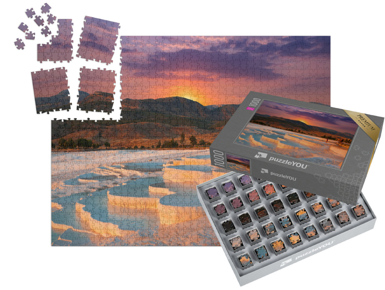 Puzzle „Wunderschöner Sonnenaufgang und natürliche Travertin-Pools und Terrassen in Pamukkale“ | SMART SORTED® 1000 Teile