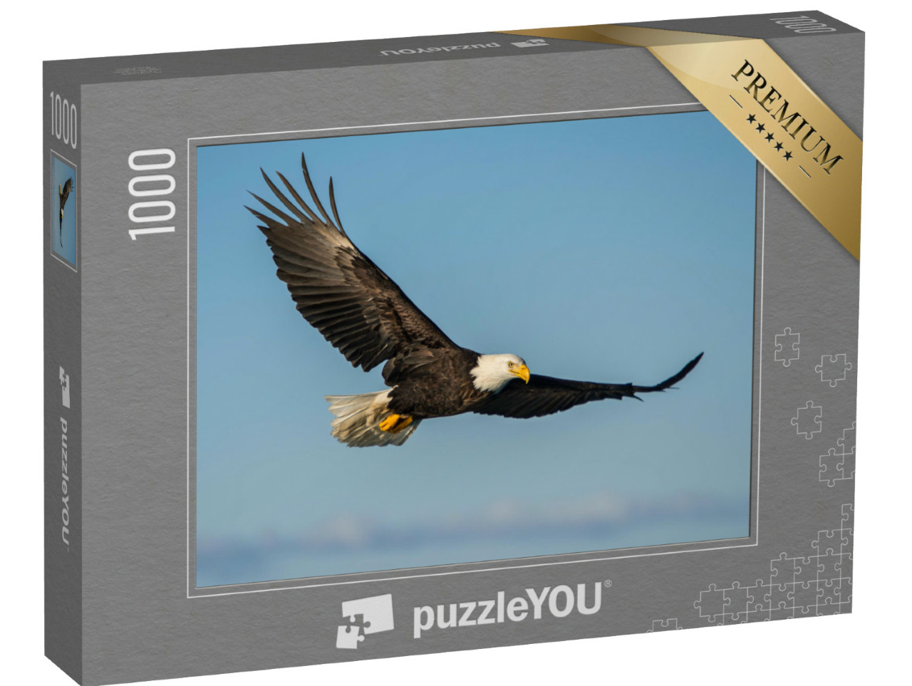 Puzzle 1000 Teile „Weißkopfseeadler, der gegen den klaren blauen Himmel Alaskas aufsteigt“