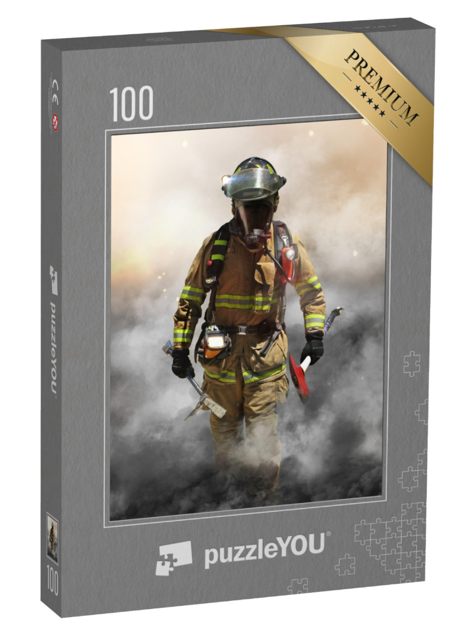 Puzzle 100 Teile „Feuerwehrmann durchdringt eine Rauchwand“