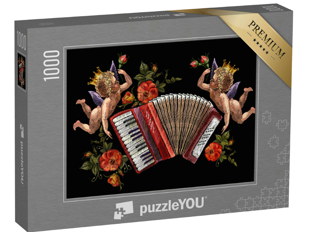 Puzzle 1000 Teile „Ein Engel, Akkordeon und Rosen, Musik“