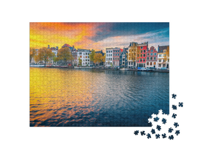 Puzzle 1000 Teile „Kanal im Sonnenuntergang, Amsterdam, Niederlande“