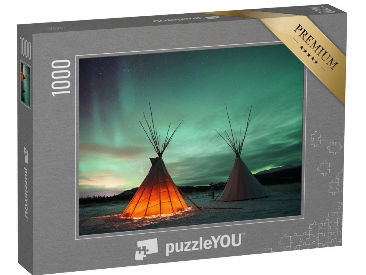 Puzzle 1000 Teile „Indianer Tipies unter dem Nordlicht in Whitehorse, Yukon (Kanada)“