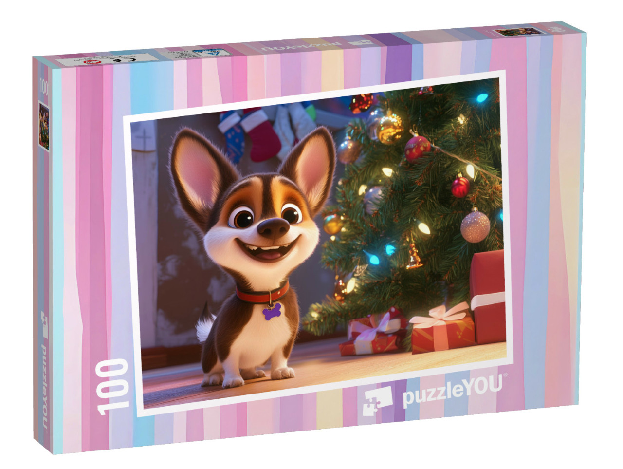 Puzzle 100 Teile „Hundewelpe Flippi freut sich auf Geschenke“