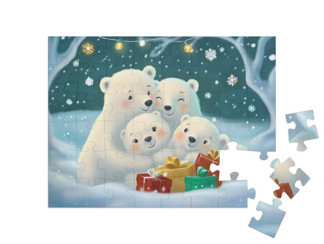 Puzzle 48 Teile „Süße Eisbär Familie kuschelt in der Weihnachtsnacht“