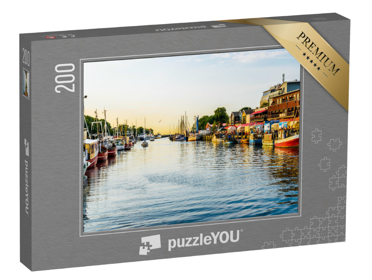 Puzzle 200 Teile „Kanal mit Schiffen und Ostsee in Warnemünde, Rostock, Deutschland“