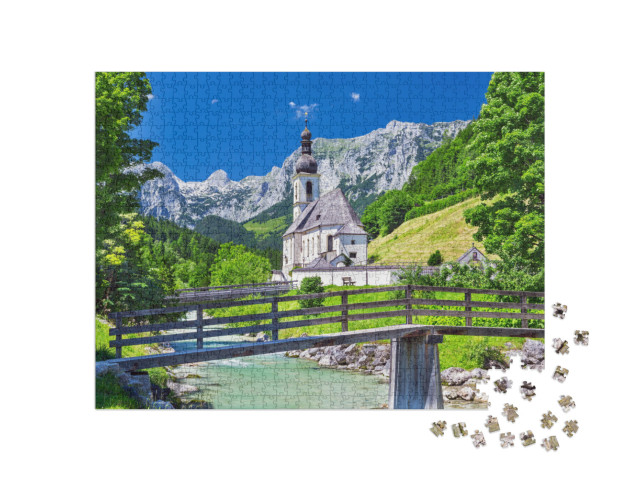 Puzzle 1000 Teile „Malerische Berglandschaft: St. Sebastian im Dorf Ramsau“