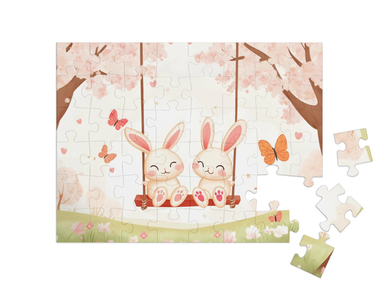 Puzzle 48 Teile „Die Hasis schaukeln in den Frühling“