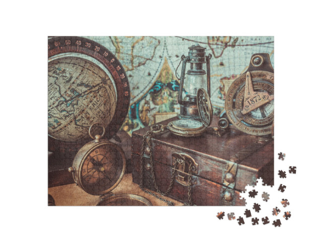 Puzzle 1000 Teile „Antike Sammlung: Kompass, Öllampe, Globus und Schatztruhe“