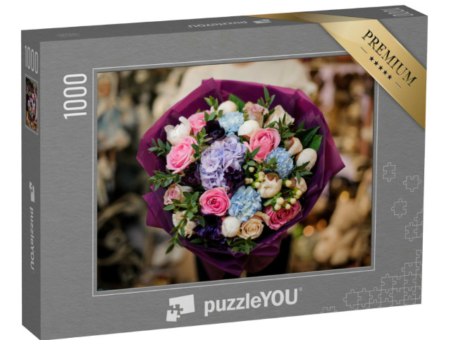 Puzzle 1000 Teile „Nahaufnahme eines prächtigen Blumenstraußes aus Hortensien und Pfingstrosen“