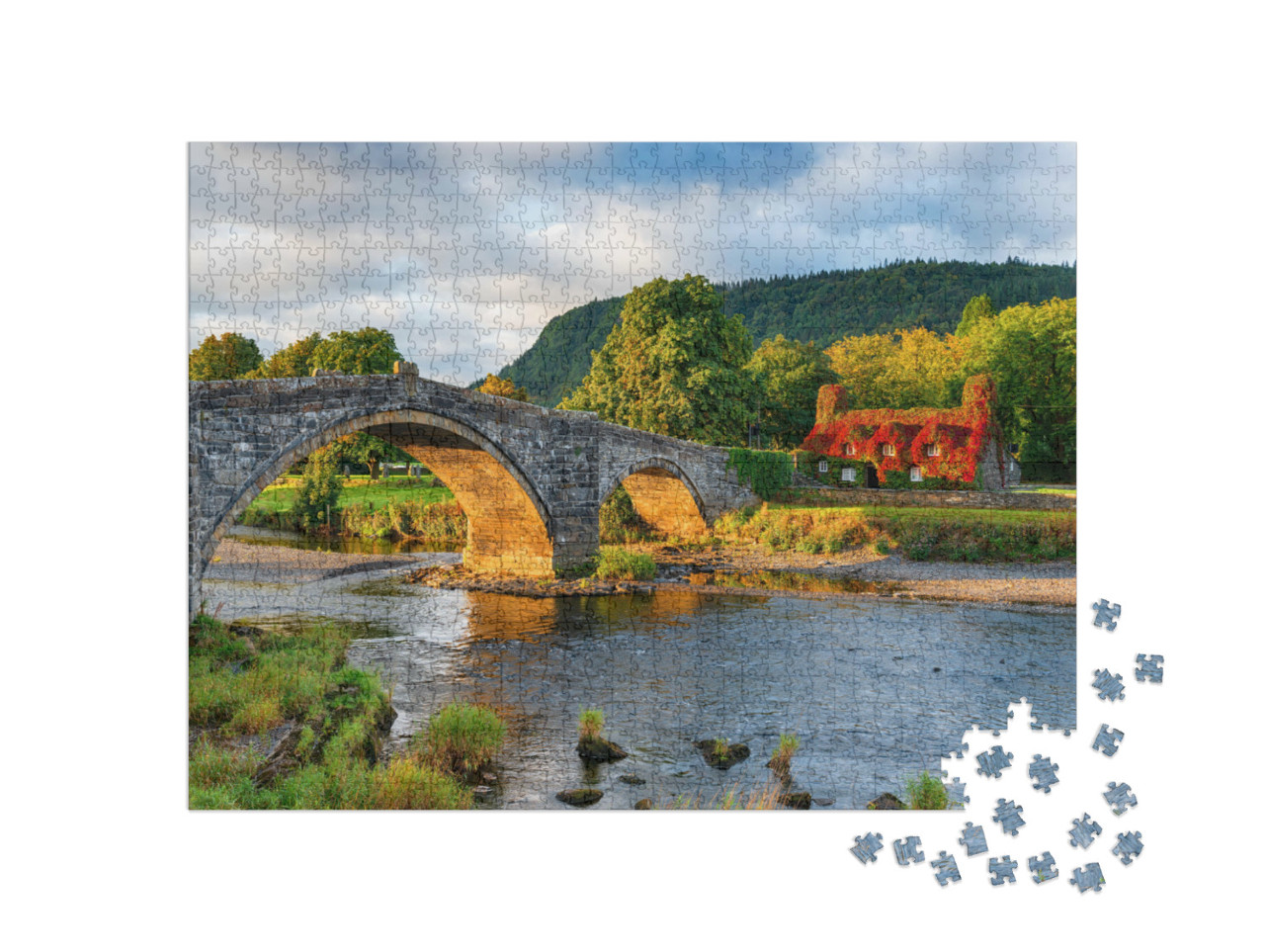 Puzzle 1000 Teile „Herbst an der Llanrwst-Brücke in Nordwales“
