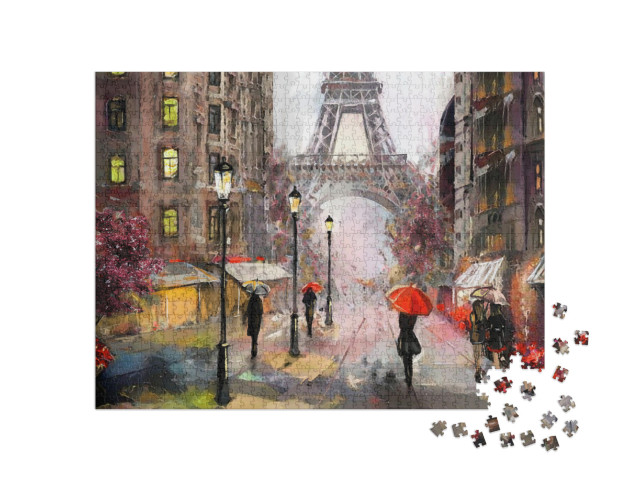 Puzzle 1000 Teile „Ölgemälde mit Straßenansicht von Paris: Eiffelturm und Menschen mit Regenschirm“