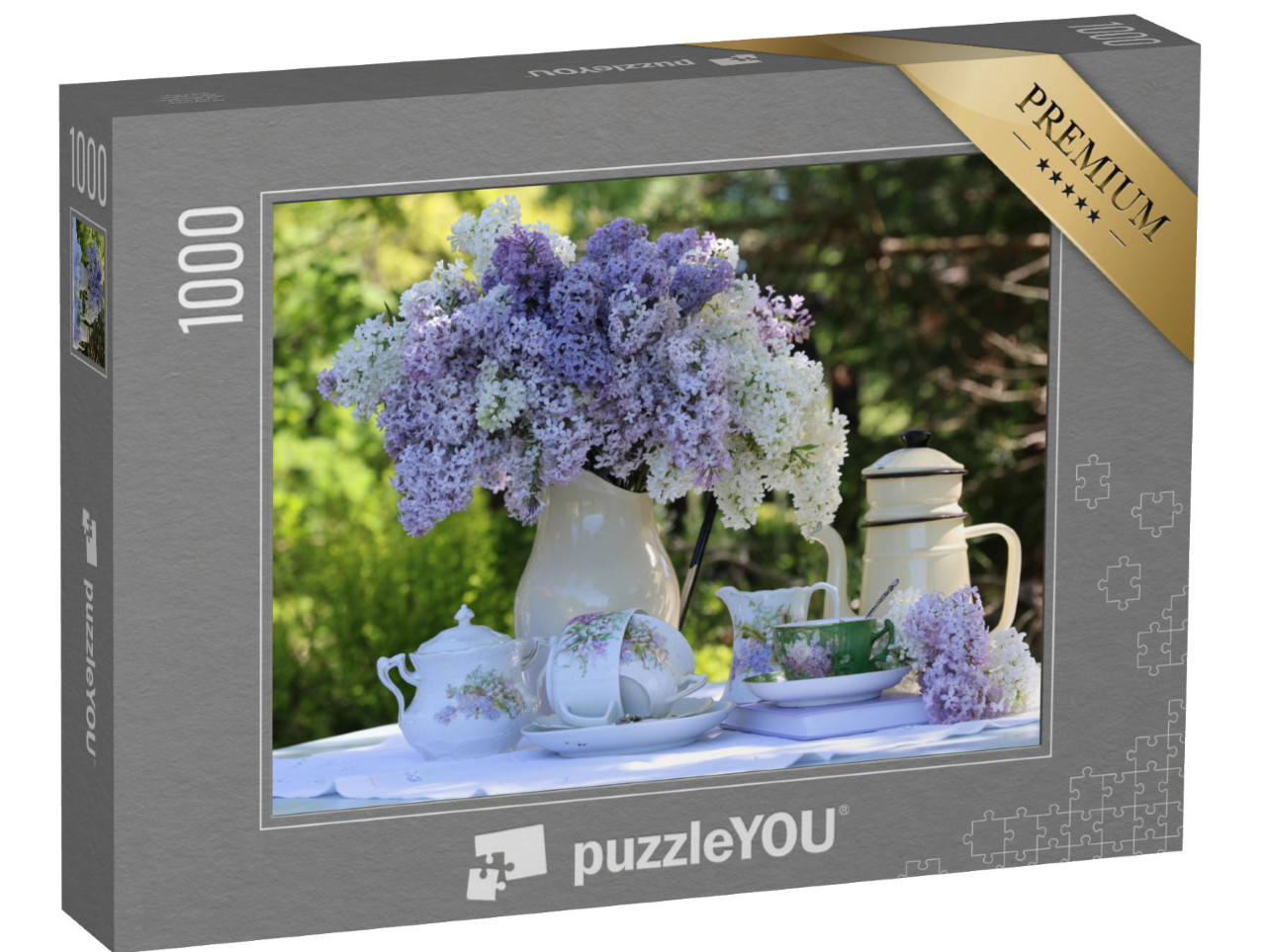 Puzzle 1000 Teile „Ein üppiger Fliederstrauß auf dem Vintage-Kaffeetisch“