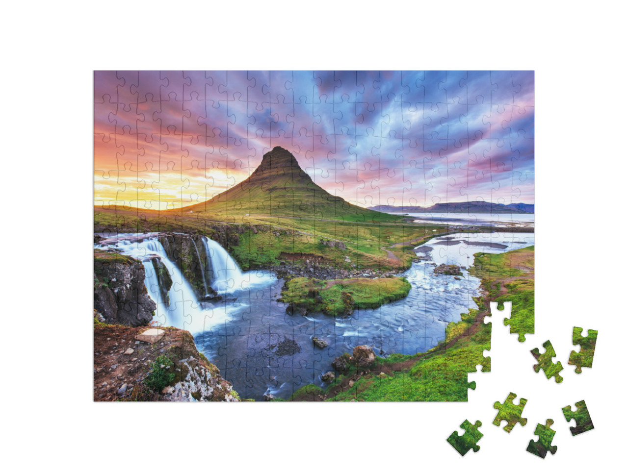 Puzzle 200 Teile „Sonnenuntergang am Berg Kirkjufell, Island“