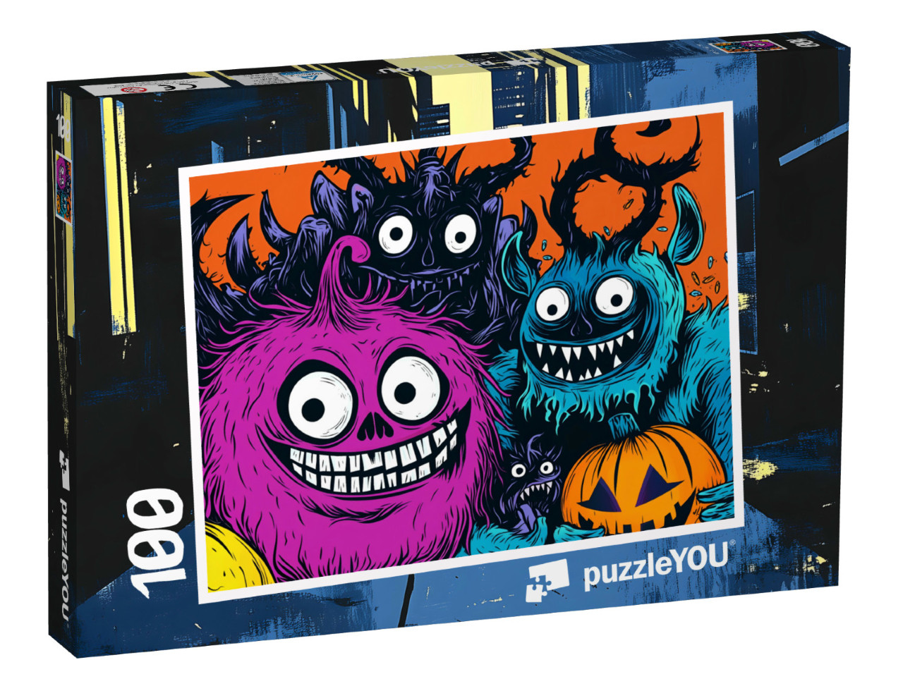 Puzzle 100 Teile „Süßes oder Saures? Die Halloween-Monster vor der Tür.“