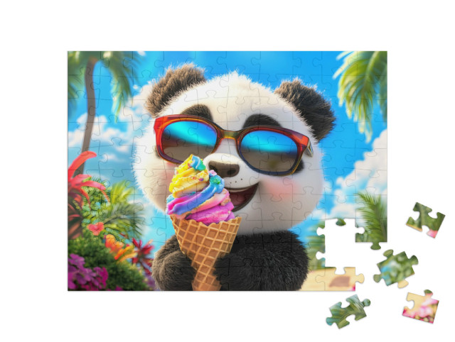 Puzzle 100 Teile „Der coole Pandabär schlürft sein buntes Eis“