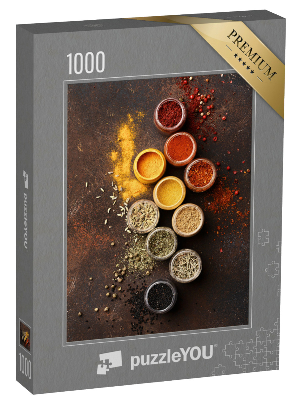 Puzzle 1000 Teile „Set mit verschiedenen bunten Gewürzen in Gläsern“