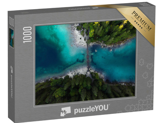 Puzzle 1000 Teile „Luftaufnahme der Brücke über den Eibsee in Bayern, Deutschland“