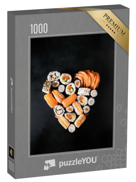 Puzzle 1000 Teile „Sushi-Rollen serviert in Herzform vor einem dunklen Hintergrund, romantisches Essen“