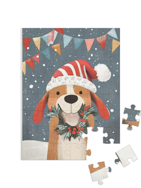 Puzzle 48 Teile „Niedlicher Hund im Winteroutfit“