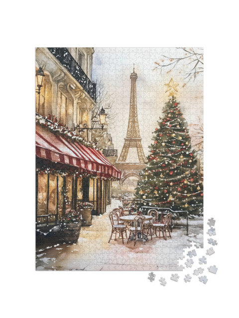 Puzzle 1000 Teile „Weihnachten in Paris: Aquarell mit Weihnachtsbaum und Eiffelturm“