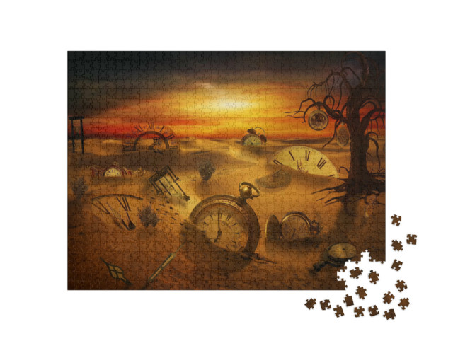 Puzzle 1000 Teile „Verschiedene Arten von Uhren stecken im Sand, Metapher für verlorene Zeit“