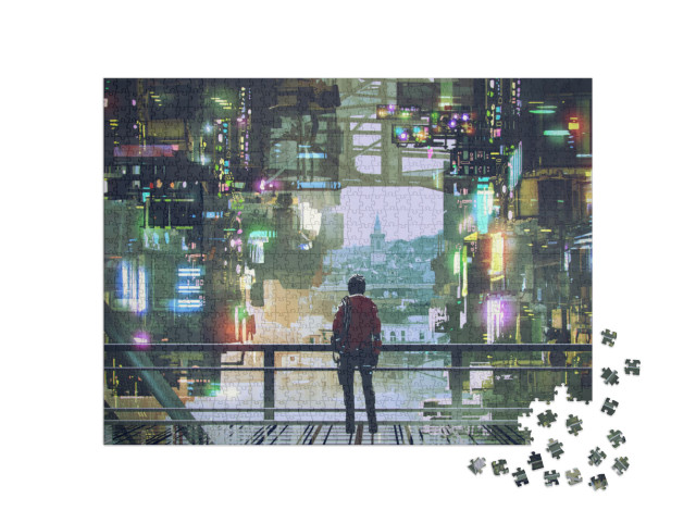 Puzzle 1000 Teile „Digitale Kunst: Blick durch die futuristische Stadt“