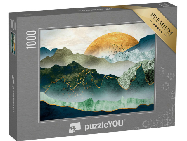 Puzzle 1000 Teile „Grün-goldene Berge bei Sonnenuntergang, Vogelschwarm“
