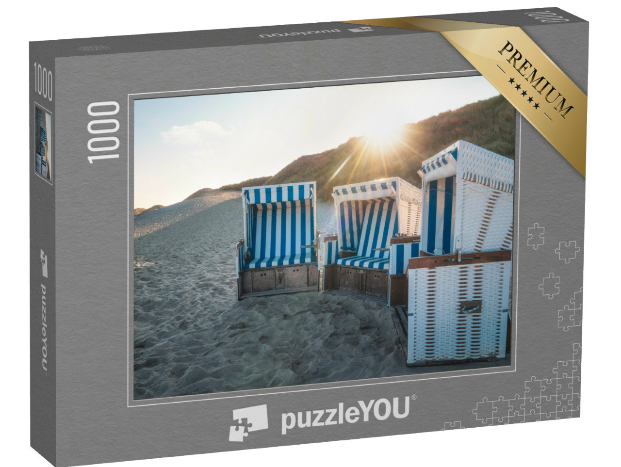 Puzzle 1000 Teile „Strandkörbe bei Sonnenaufgang auf der Insel Sylt, Deutschland“