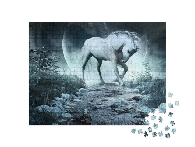 Puzzle 1000 Teile „Nachtszene mit Einhorn, Bach und Mond, 3D-Illustration“