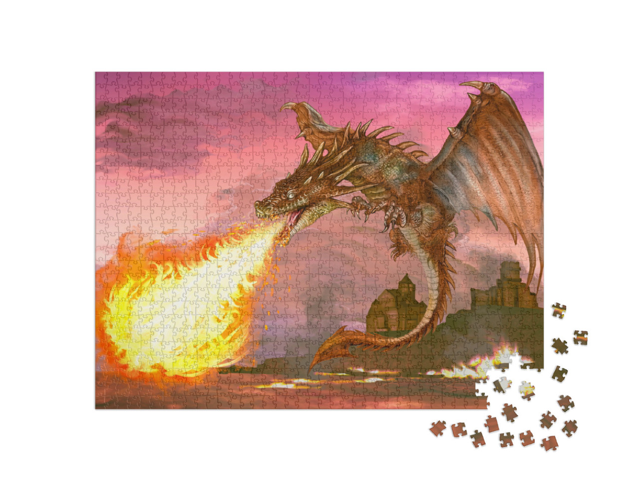 Puzzle 1000 Teile „Drache bläst Feuer aus, Illustration“